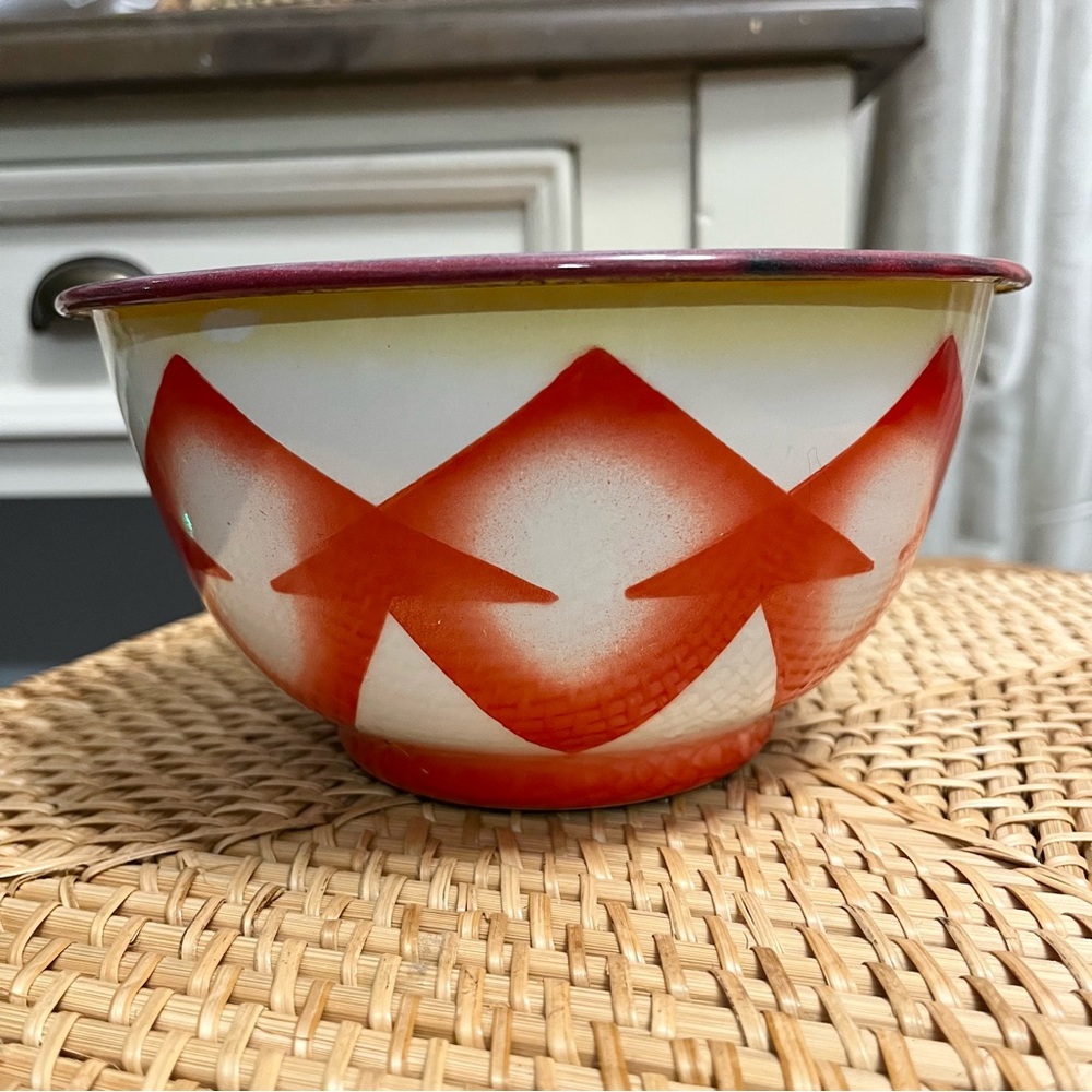 Vintage Enamelware Bowl Bon Voyage White Red Art Deco Yellow Rare Geometric vtg